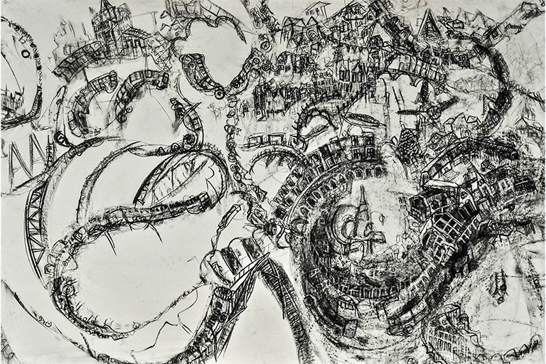 A semi-abstract charcoal map drawing